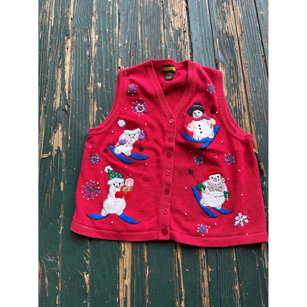 Vintage Condor Red Skiing Snowman Sweater Vest Womens Large Christmas Holiday